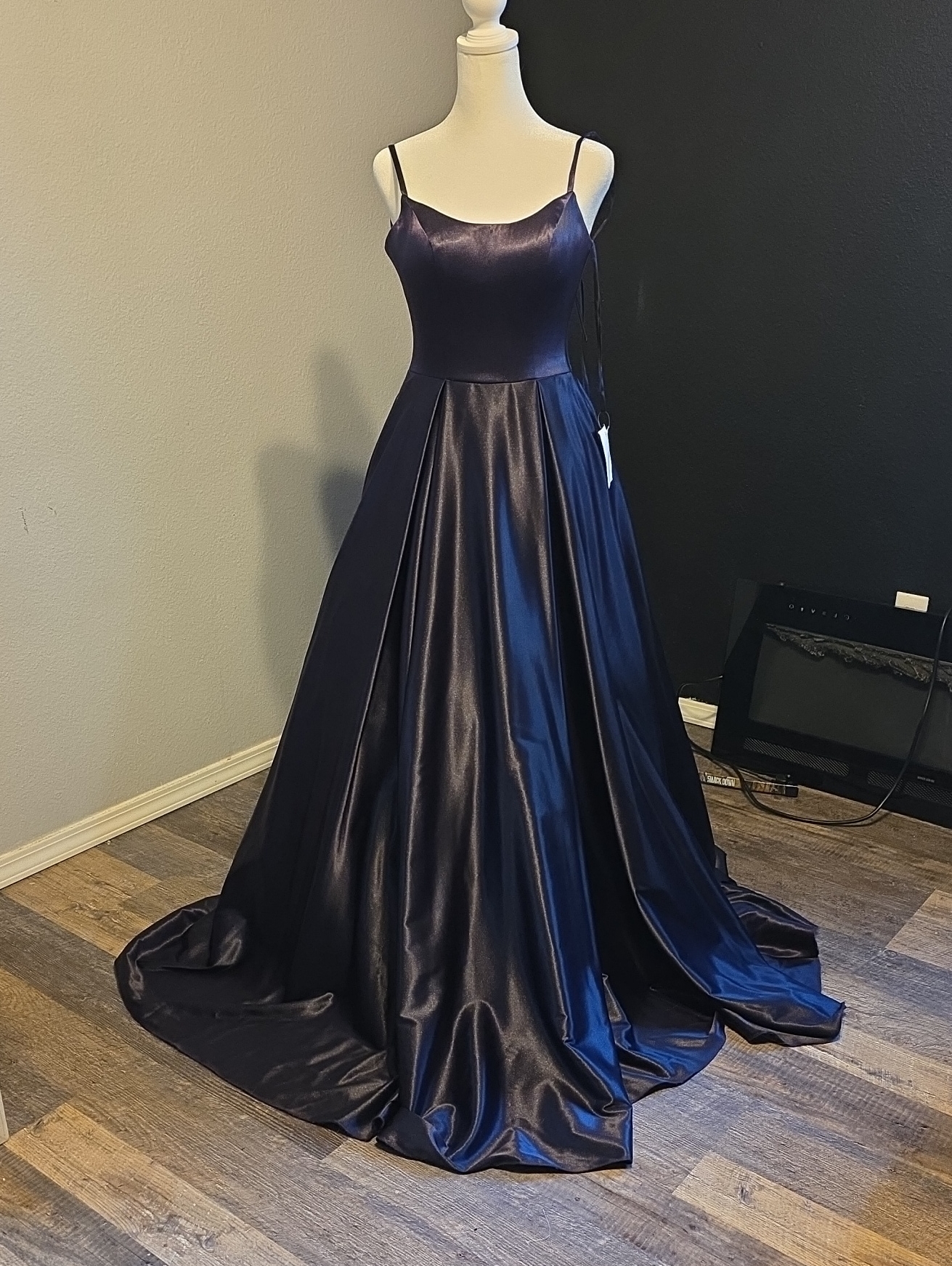 Madison James Dark Purple Satin A-Line Spaghetti-Strap Formal Gown, Corset Back